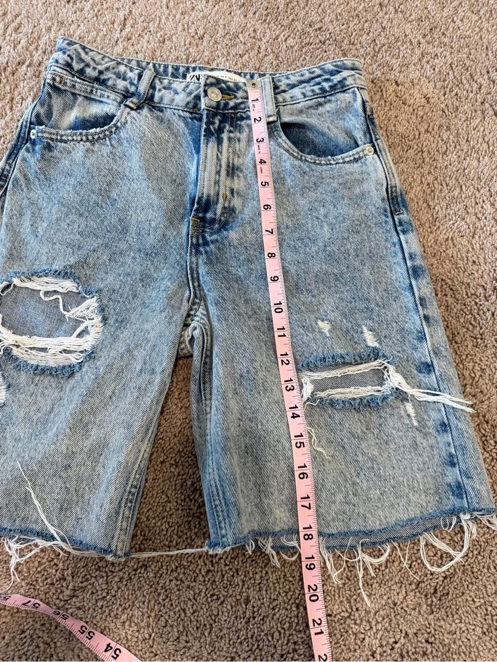 Zara denim jorts longline baggy Light Blue Distressed Denim Bermuda long Shorts